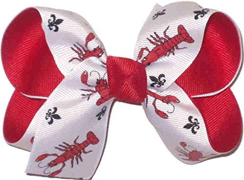 OV-2571M Medium (Ages 5-7 Years) Hair Bow Crawfish and Fleur de Lis over Red