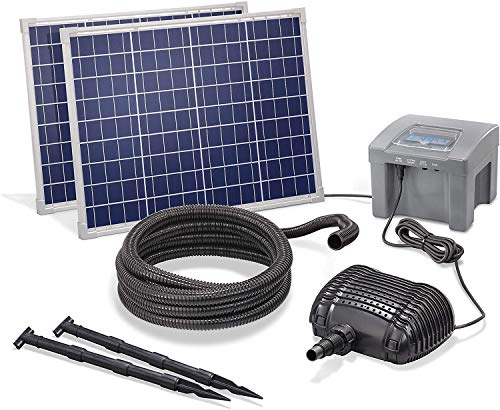 Solar Bachlaufset Professional with 12V/24Ah Akkuspeicher and 2 x 50W Modeul - 1.600 L/H Conveying Capacity - 0,8 M Hoisting Altitude - 5m Spiral Hose - Stream Pump Garden Pond Esotec 101973