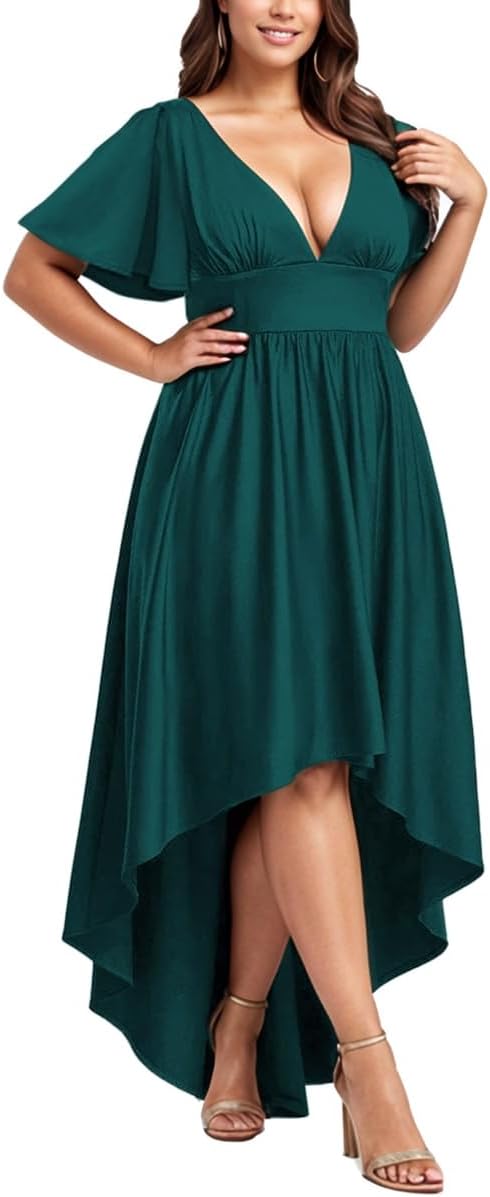 Elegant Dresses Formal Evening Cocktail Long Maxi Wedding Party Dress Sexy V Neck Ruffle Sleeve Hi Low Flowy Gowns - Image 3