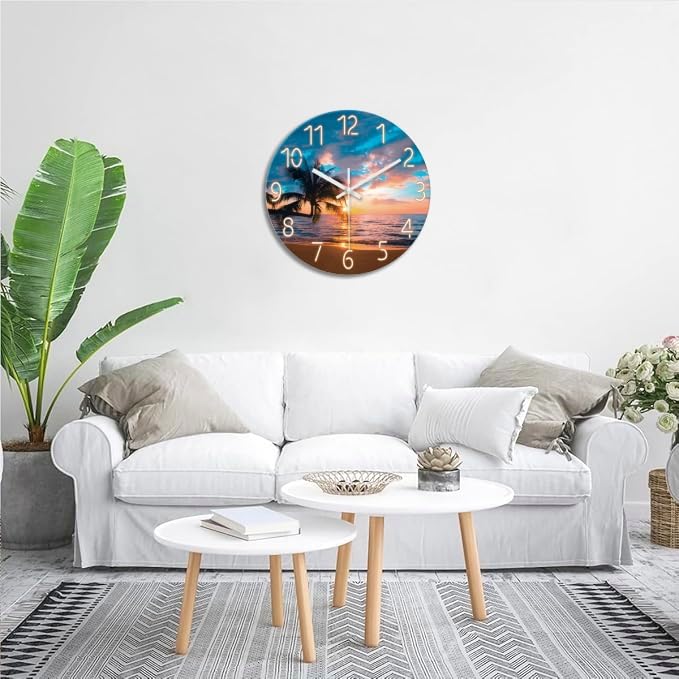 Image of XFM Large Coastal Glass Wall Clock 24 Inch for Living Room Sunset Beach | Silent Non Ticking Battery Operated Blue Nautical Modern Glass Decorative for Dining Room Bedroom Home Office