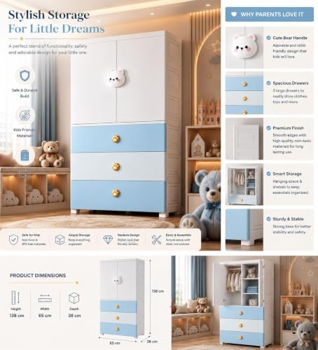 Image of HIWARE Premium Modular Wardrobe for Bedroom, Kids Room and Home | Spacious Clothes Storage Cabinet with Drawers and Shelves | Modern Stylish Design, Heavy Duty, Multiuse Organizer -SJ6514-BLUE Bear