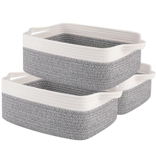 OIAHOMY Paquete de 3 cestas de almacenamiento para organizar, cesta de cuerda de algodón para estantes, contenedores organizadores de armario, cestas pequeñas rectangulares con asas, cesta de juguetes