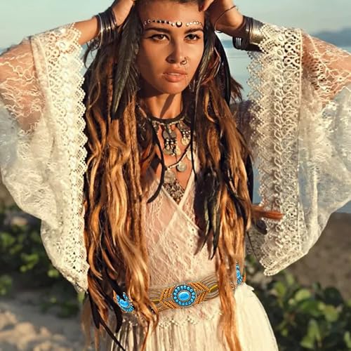 Boho Turquoise Belt for Women 2" Western Wax Rope Beaded Braided Waist Ethnic Hand-Woven Tassel Tie for Dress4
