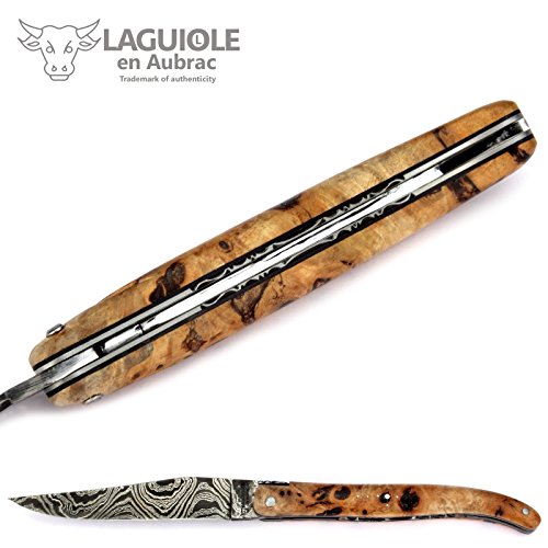 Laguiole En Aubrac Handmade French Knife 12 Cm - Handle Poplar Grain Wood - Manually Forged Damascus Blade - Chiselled Platines #TOP6