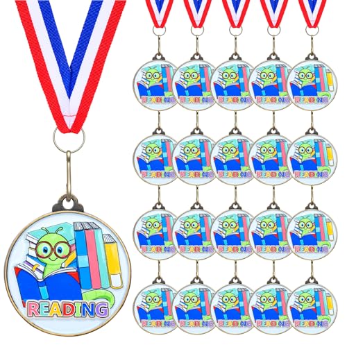 Cunno 20 Pcs Reading Medals Bulk 2 Book Worm Reading Award Medals with Neck Ribbon Trophy Prizes Winner Gift for School Classroom Students Teaching Competitions Supplies