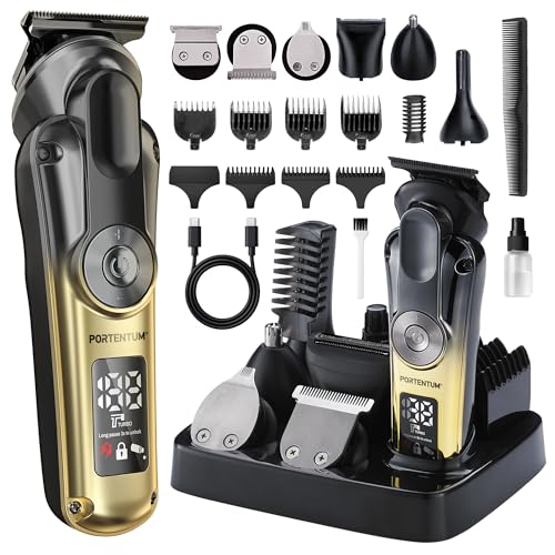 PORTENTUM Tondeuse barbe homme – Lot 21 pcs – LED – Rasoir Électrique Visage et Corps – Tondeuse Cheveux Polyvalente – 6 Têtes – 7 Sabots – USB-C –...