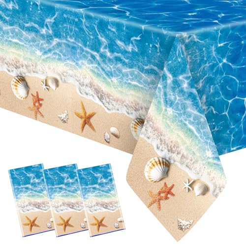Herytem 3-Piece 54 x 108 Inch Summer Beach Plastic Tablecloth Ocean Waves Starfish Seashell Disposable Rectangle Table Covers for Pool Party Hawaiian Party Decorations and Summer Celebrations