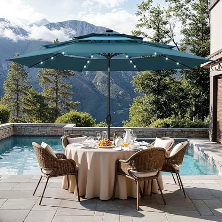 Sophia & William 10ft Patio Umbrellas 3-Tier Umbrella Outdoor Patio Umbrellas With Lights Vented Top 24 LED Lights Adjustable Tilt For Pool Garden Backyard, Mixed Peacock