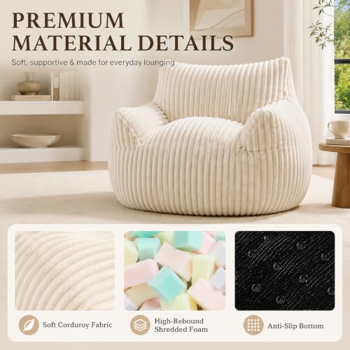 Image of Giant Plush Bean Bag Chair for Adults & Kids, 46 inch Oversized Bean Bag Sofa with Armrests, Memory Foam Comfy Mini Couch Lounge Chair, 400 LBS Floor Couch for Living Room, Bedroom, Game Room, Beige