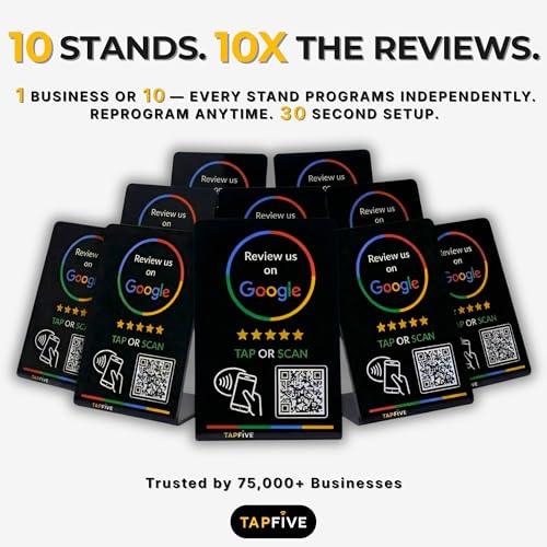 Image of Google Review Stand by TapFive - Tap to Review NFC Tap & QR Code Sign for Restaurants, Salons, Retail & Front Desks | QR Code Stand | No Monthly Fees (Black, 10 Stands)
