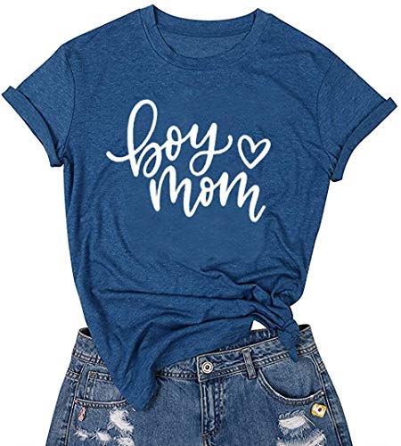 LUBERLIN Boy Mom Tee Shirt for Women Short Sleeve Letter Printed Graphic Mom Gifts Tee Shirts (Blue, M)
