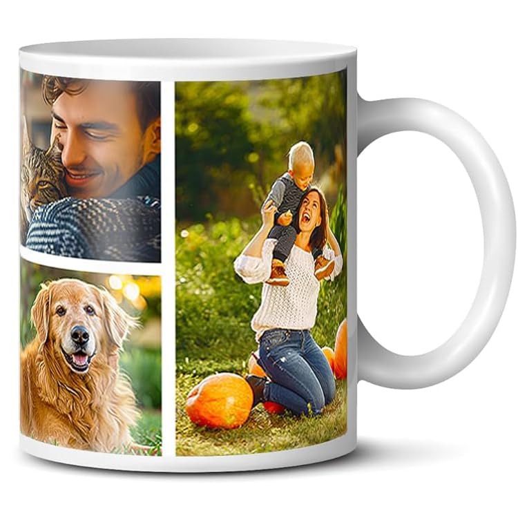 Personalised Custom Photo Mug - Add Your Own Image, Text, Logo - Customisable 11oz Coffee Cup, Gift for Birthdays, Holidays, Weddings - Durable Ceramic Valentines Gifts for Him & Her | 5 Photo Collage