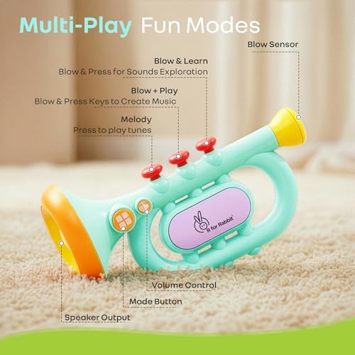 Image of R for Rabbit Orapple Funtunes Trumpet Musical Toys for Kids | Light & Sound Music with Smart Auto Shut Off | 3 Play Modes | Early Learning Music Toy for Toddlers Ages 1+ Ideal for Kids (Blue Multi)