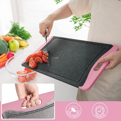 Image of Extra Large Cutting Boards, Plastic Cutting Boards for Kitchen (Set of 3) Cutting Board Set Dishwasher Chopping Board with Juice Grooves Easy-Grip Handles, Pink, Empune