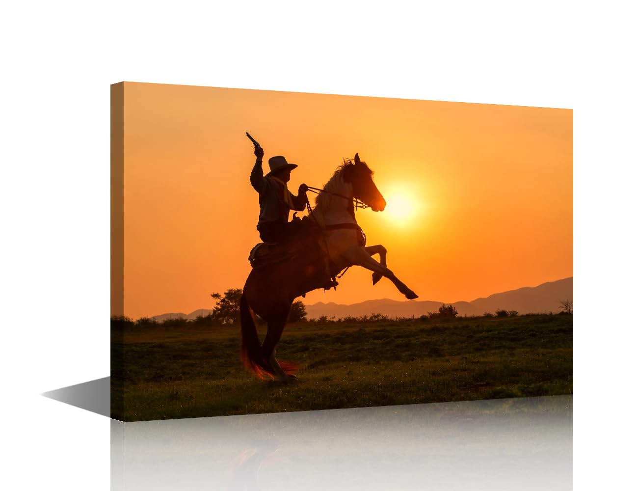 1 Panel Framed Wall Art Man Wearing a Cowboy Dress with a Horse and a Gun Held in his Hand Picture Poster for Home Office Wall Decoratio, Framed Gallery-Wrapped Ready to Hang, 18"Wx12"H
