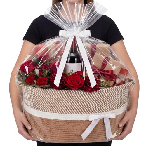 Image of Colingmill Extra Large Graduation Gift Basket Empty with Ribbons Bow Tie Bag, Grad Woven Empty Decorative Box, Woven Rope Storage with Handles Home Decor(15 x 11 x 9.5 Inch, Khaki White)
