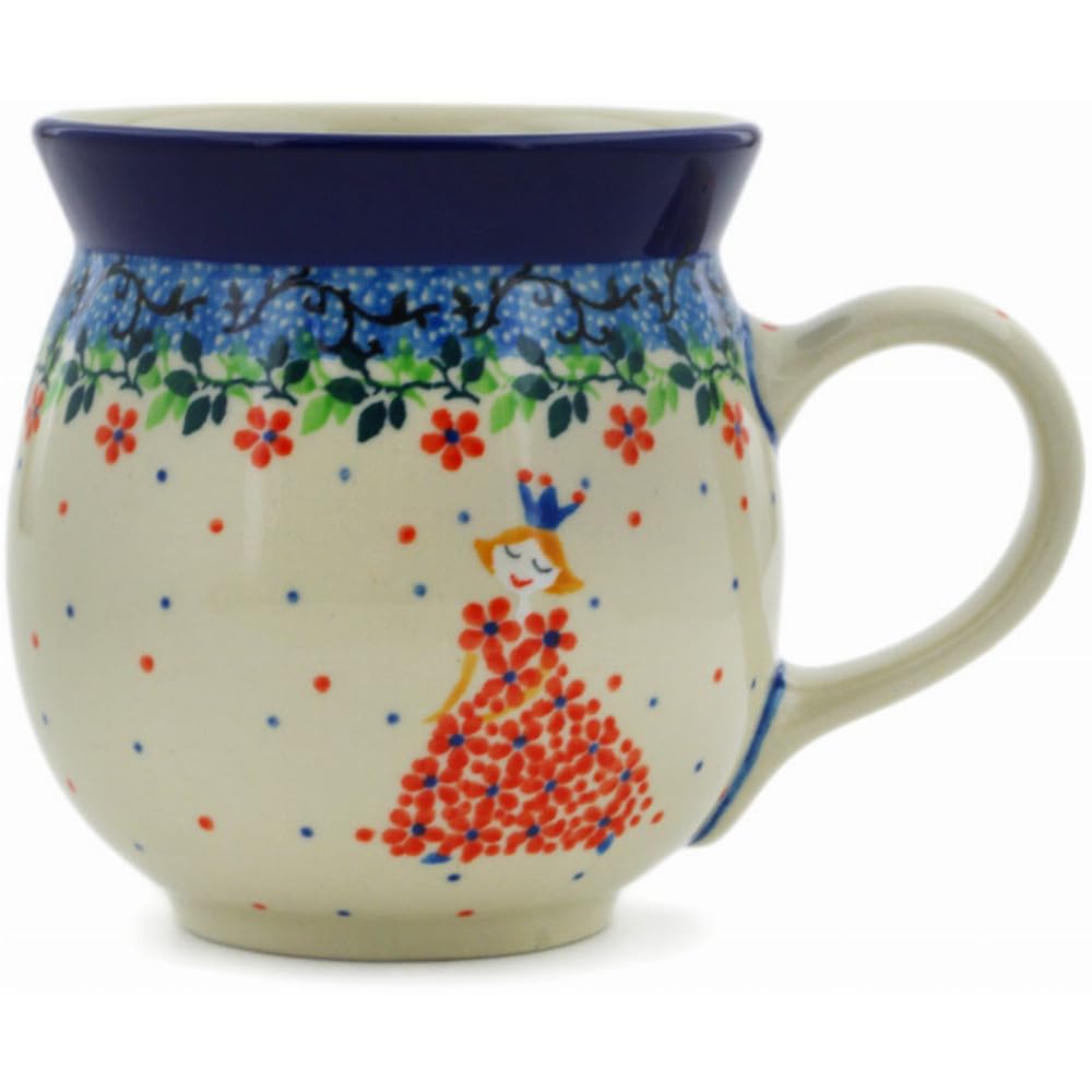 Polmedia Polish Pottery Bubble Mug 16 oz - Princess In A Red Dress Pattern Handmade in Boleslawiec Poland by Ceramika Artystyczna + Certificate of