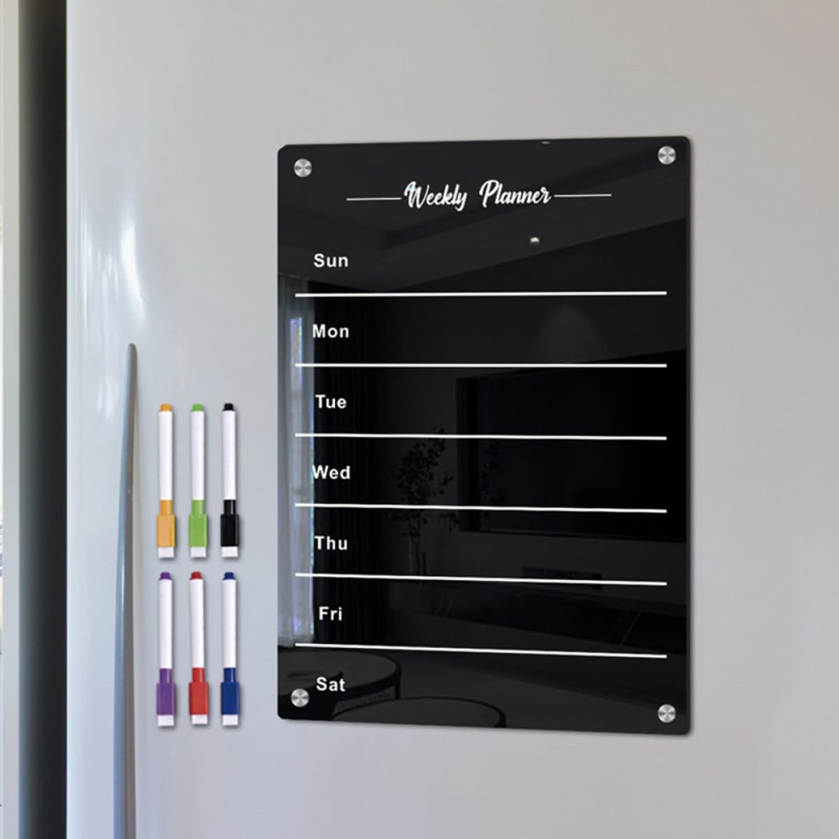 BETOOKY Magnetisches Acryl Küchenplaner Whiteboard in Schwarz Abwischbares Terminplan Nachrichtenbrett für Kühlschrank für Küche und Büro Glatte Schreibfläche
