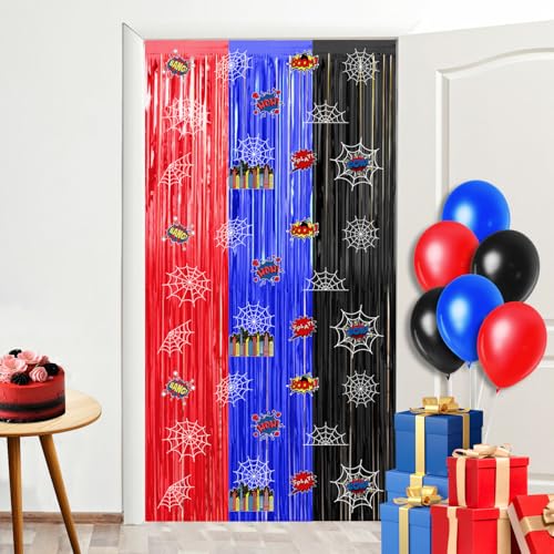 Image of Spider Web Birthday Decorations, 2 Pack Spider 3.3x6.6ft Tinsel Foil Fringe Curtains with Spider Happy Birthday Banner, Spider Photo Booth Prop Backdrop Streamer