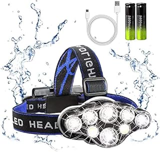 Rechargeable Headlamp, 8 LED 18000 Lumen Super Bright Headlight with Red Lights, USB Rechargeable, 8 Modes Waterproof Head...