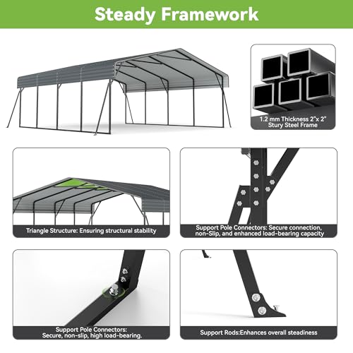 Image of Heavy Duty Metal Carport, 20x20FT Carport Canopy with Galvanized Steel Roof and Reinforced Frame, 4 Support Rods, Outdoor Garage Car Shelter Shade for 2 Cars, Boats and Truck, Party, Gray