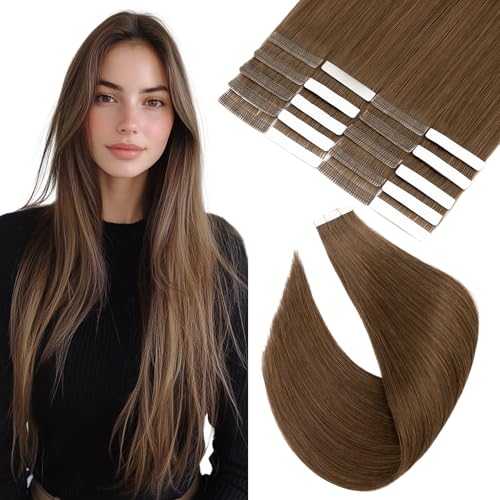 Image of Elailite Tape in Hair Extensions Human Hair Thick Real Remy Hairpieces Medium Brown 18 Inch 50g 20pcs Straight Invisible Seamless Skin Weft Best Tape for Women