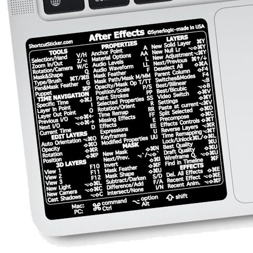 Synerlogic (2pcs) for Adobe After Effects Quick Reference Keyboard Shortcut Sticker for Any MacBook or Windows PC (Black)