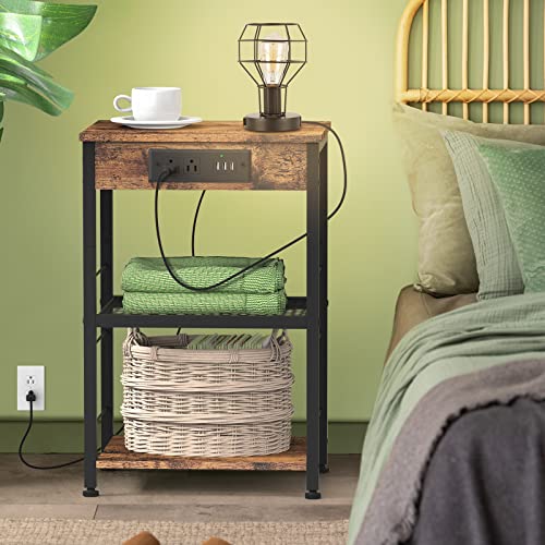 Nightstand With Charging Station End Table With Usb Ports And Power Outlets Side Tables Bedroom With Storage Shelves Industrial End Table 3 Tier Usb Bedside Tables In Living Room Farmhouse Brown #TOP1
