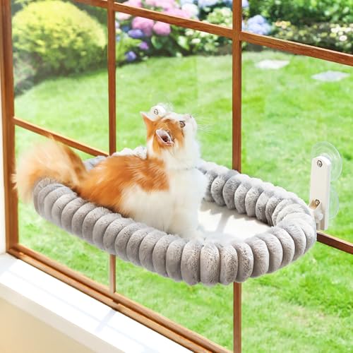 Zakkart SnugCloud Klappbarer Katzen-Fensterplatz – Kabellos, kuschelweiches, waschbares Bett mit 4-Seiten-Polster & Metallrahmen als Fenster-Hängematte für große Katzen & Kätzchen (Grau, Größe M)