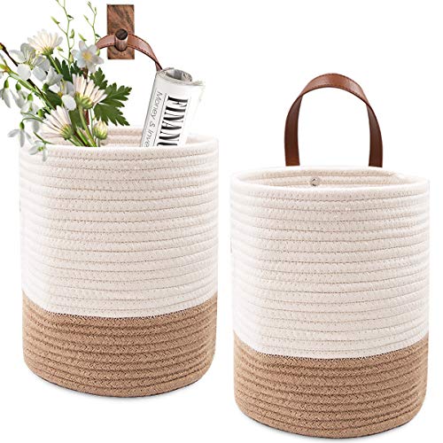 Image of Qlfyuu 2 Pack Rope Small Hanging Basket, Wall Mounted Woven Hanging Basket Storage,Cotton Rope Small Basket with Leather Handle,Shelf Basket Organizer for Plants,Toys,Towels(White&Jute,Small)
