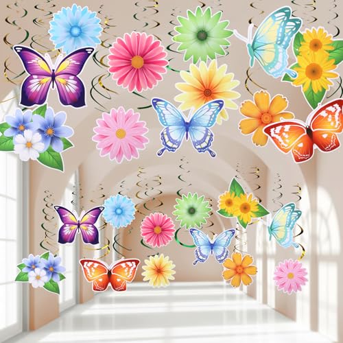 Image of 36 Pcs Spring Summer Butterfly Flower Party Decoration Hanging Ceiling Swirl Streamer Large Paper Flora Butterfly Decor for Classroom Office Mothers Day Home Garden Girl Birthday Baby Shower Tea Party