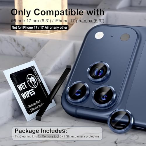 Image of Choiche Camera Lens Protector Compatible for iPhone 17 Pro 6.3-Inch and iPhone 17 Pro Max 6.9-Inch, 9H Tempered Glass Metal Individual Ring Cover, Easy Installation Tray, HD Clear, 1 Set (Blue)