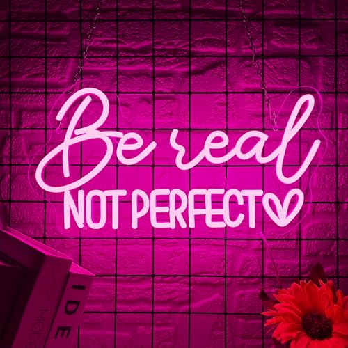 Image of Symone Be Real Not Perfect Heart Neon Sign, Motivational Neon Sign USB Powered LED Dimmable Inspirational Neon Light, for Office Living Room Bedroom Bar Garage Studio Wall Decor(15.7 * 8.2 In)