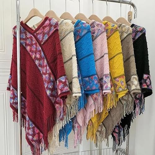 Lexenic Ethnic Style Tassel Knitted Poncho,Women's Retro Pullover Tassel Shawl,Womens Ponchos and Wraps,Poncho Sweater Women2