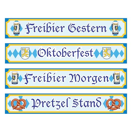 Beistle Oktoberfest Sign Cutouts – 4-Pack Large Double-Sided Bavarian Festival Signs with Classic German and English Phrases for Party Décor, Wall Display, and Beer Tent Decorations, 4" x 24"