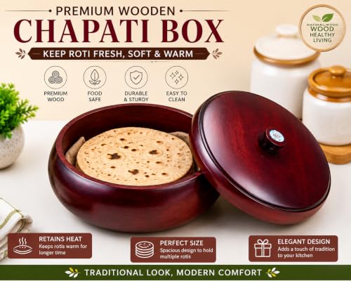Image of Handmade Wood Roti Box with Lid | Natural Polish