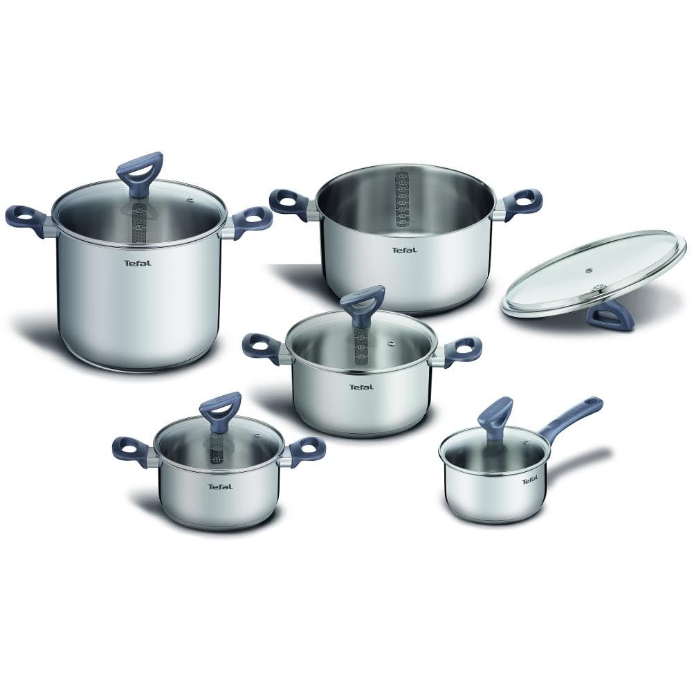 Tefal Daily Cook Edelstahl-Topfset, 10-teilig, Kaserolle 16 cm und Kochtöpfe 18-24 cm mit Deckeln, Induktionsgeeignet