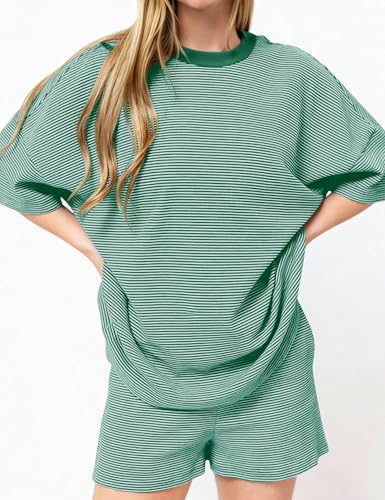 Image of Ythomm Striped Pajamas Shorts Sets Women 2 Piece Lounge Outfits Short Sleeve Tees Drawstring Shorts Summer Matching Pj Sets