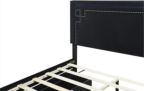 Miniatura 239 de Base de cama flotante tamaño Queen con luces LED y carga USB, marco de cama LED de plataforma tapizada moderna, no necesita somier (blanco-1)