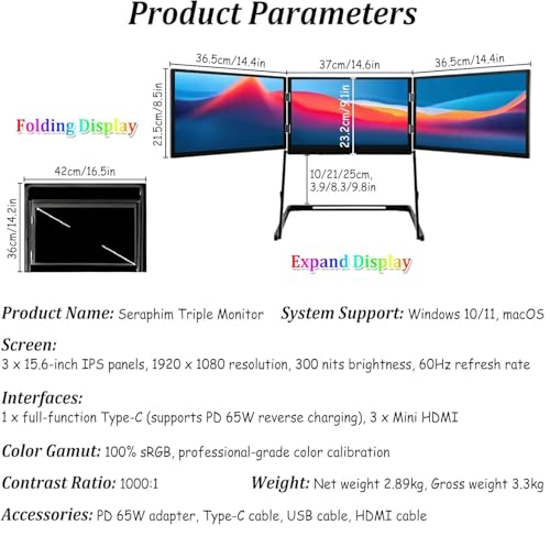 Image of Laptop Screen Extension for 15.6in Laptops, Triple IPS FHD 1080p Screen, Full HD 1080p Display, Tri-Fold Monitor Lap Expansion Screen