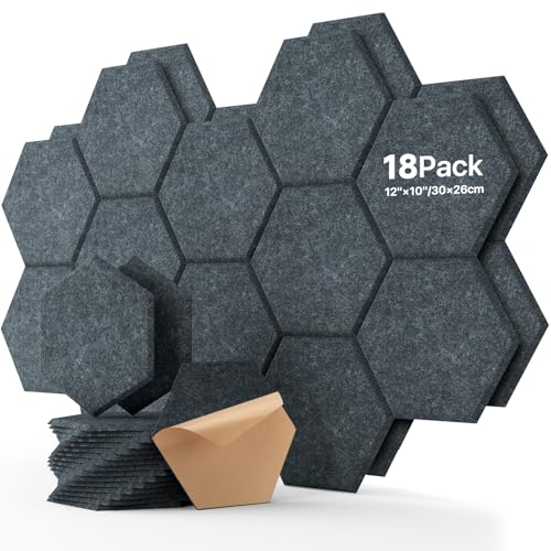 Image of Soundsbay Hexagon Acoustic Panels, Self-Adhesive 18 Pack Sound Panels | 150kg /m High-Density Polyester, Covers 15 sq ft Soundproof Wall Panels for Walls, Office, Ceiling 12 inch X 10 inch Dark Gray