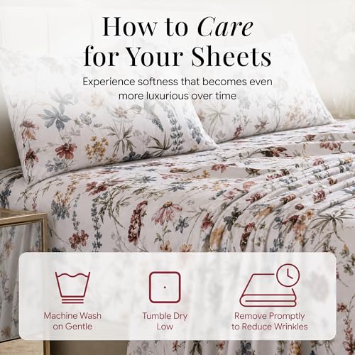 Tribeca Living Deep Pocket Queen Size Sheet Set - 300 Thread Count Cotton Sateen Sheets with 22-Inch Extra Deep Pockets, Oeko-Tex Certified, 4 Bedding Set in Amalfi Deep Red/Multi Print by Tribeca Living - Image 8