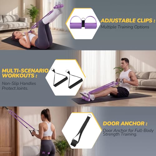 Image of Upgrade Foot Pedal Resistance Bands with Handles, L10 AddWin 4 Tube Adjustable Resistance Bands for Abdomen , Arm, Core /ABS, Leg Workout - Stirrup Puller for Men Women for Full Body, Purple