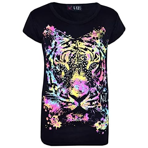a2z4kids Girls Top Tiger Face Print Stylish Fahsion Trendy T Shirt Top New Age 7 8 9 10 11 12 13 Years Black Cover
