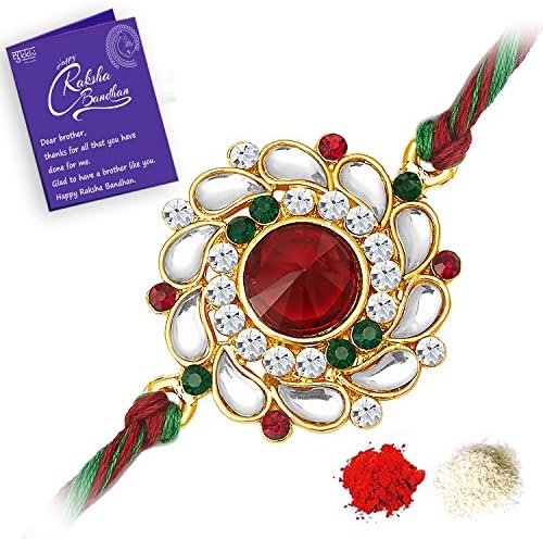 Sukkhi Rakhi for Brother Elegant Floral Kundan Designer Gold Plated With Roli Chawal & Greeting Card