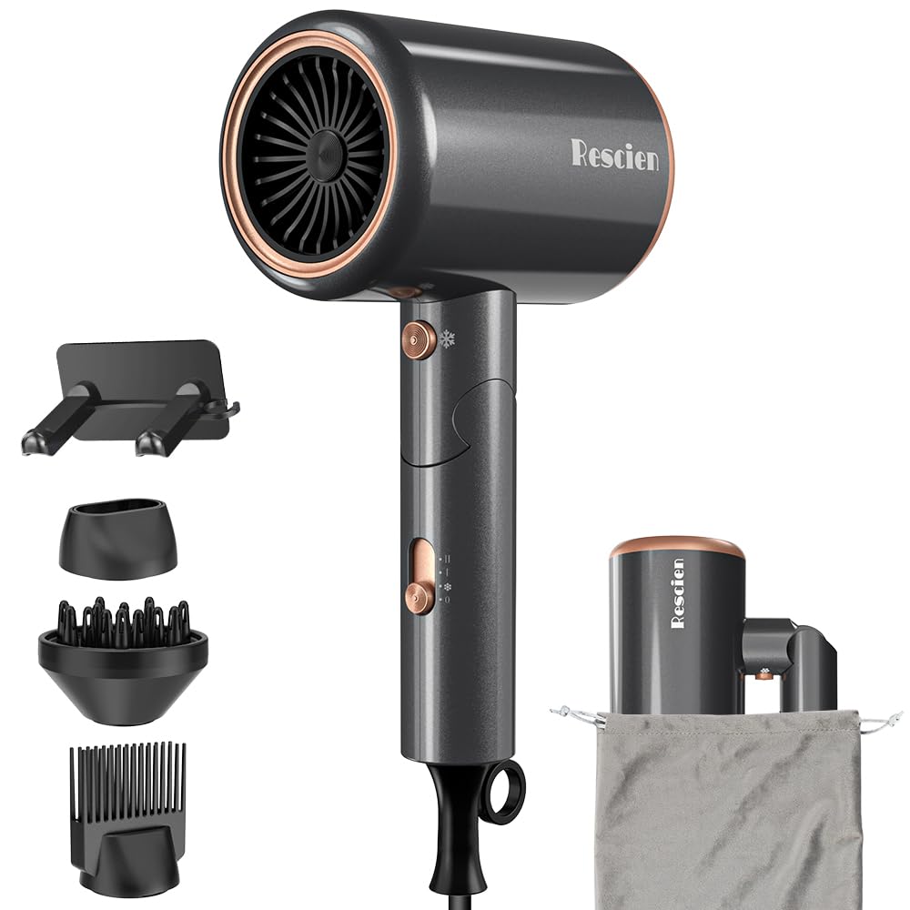 Sèche-cheveux ionique 2400W avec sac de rangement et support, séchage rapide, léger et compact, Seche Cheveux avec bouton chaud/froid, 3 chauffages, 3 vitesses/sèche-cheveux de salon avec 3 embouts