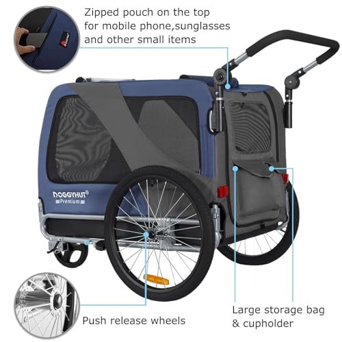 DOGGYHUT® Premium XL 2 in 1 Hundefahrradanhänger & Jogger 23-45 kg Fahrradanhänger für Hunde Hundeanhänger für Fahrrad 80106 (BLAU)