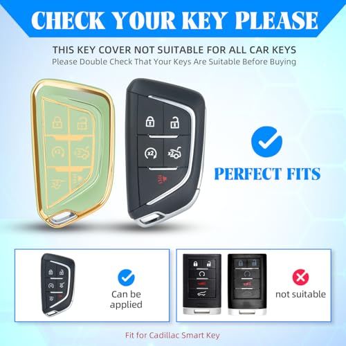Image of QBUC for Cadillac Key Fob Cover with Leather Keychain (Gold Trim Green) | Soft TPU Protection Case Compatible with 2020-2026 Cadillac Escalade Lyriq Optiq 6-Buttons