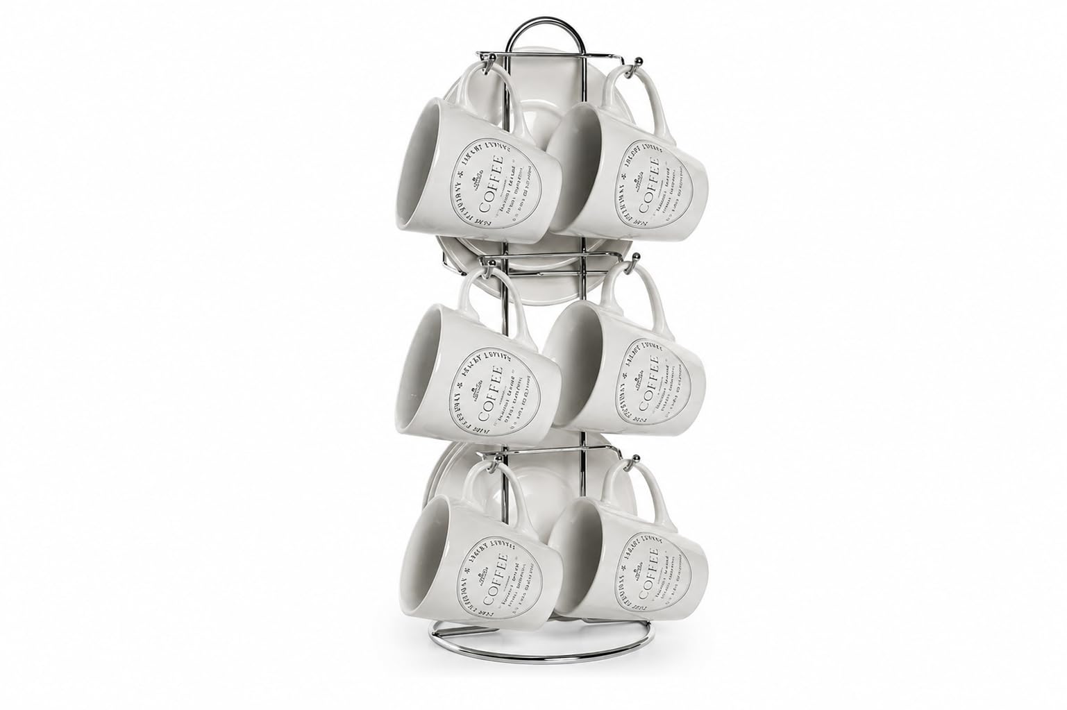 Juego de 6 Tazas de Café con Platos y Soporte Metálico – Set de Cerámica para Espresso y Cappuccino – Ideal para Cocinas Pequeñas