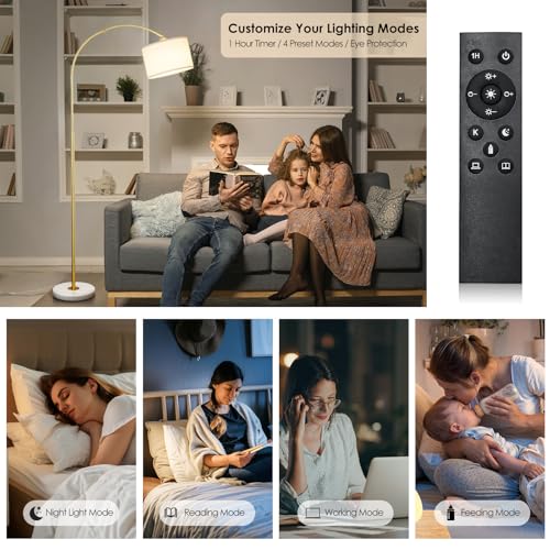 Modern Gold Arc Floor Lamp with Remote and Stepless Dimmable Bulb for Living Room or Bedroom